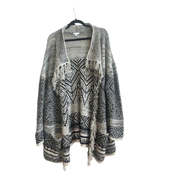 J. Jill XL Rustic Boho Black and Oatmeal Open Front Cardigan with Fringe - Picture 1 of 9